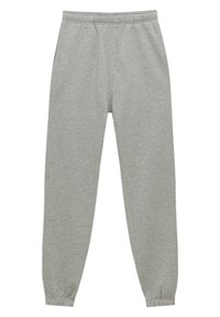 Lichtgrijze joggingbroek gemaakt van zacht materiaal, met een elastische tailleband, taps toelopende benen en elastische boorden bij de enkel.