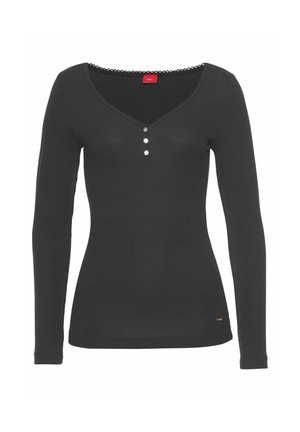 Black long-sleeve top with a fitted design, ribbed texture, V-neckline, three button accents at the chest, and lace trim around the neckline.
