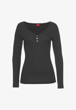 Black long-sleeve top with a fitted design, ribbed texture, V-neckline, three button accents at the chest, and lace trim around the neckline.