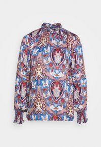 Blusa multicolore con colletto alto, maniche lunghe e polsini arricciati. Il tessuto presenta un motivo floreale e paisley dettagliato.