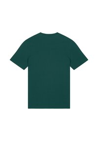 Korte mouwen, ronde hals t-shirt in donkergroene katoen stof. Gladde textuur met een effen kleur, geen patronen of accenten. Achteraanzicht weergegeven.