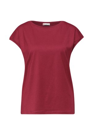Yksivärinen lyhythihainen t-paita pyöreällä pääntiellä, tummanpunainen, puuvillakangasta, rento istuvuus, pieni merkkilappu kauluksella.