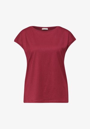 Yksivärinen lyhythihainen t-paita pyöreällä pääntiellä, tummanpunainen, puuvillakangasta, rento istuvuus, pieni merkkilappu kauluksella.