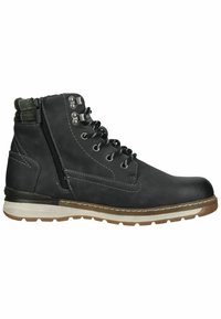 Bottes en cuir noir à la cheville avec une finition texturée, fermeture éclair sur le côté et quincaillerie en argent. Présente une semelle en caoutchouc et un détail de doublure en tartan.