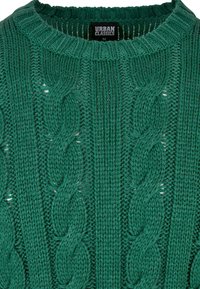 Green knitted sweater featuring a cable pattern, round neckline, and ribbed cuffs. Made of textured yarn, suitable for casual wear.