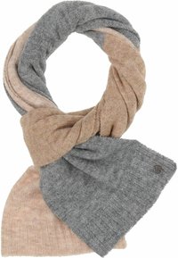 Écharpe tricotée avec des sections grises et beiges, texture épaisse et design côtelé. Les extrémités ont une finition lisse avec un petit accent métallique.
