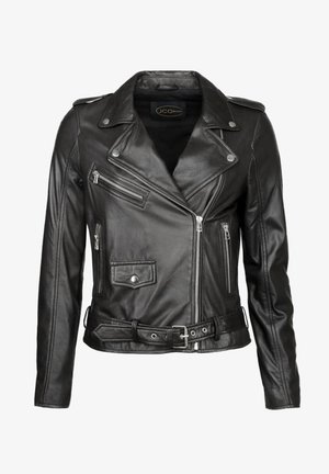 Schwarze Leder-Motorradjacke mit einem geschlitzten Kragen, Reißverschlusstaschen und einem Gurtbund. Glatte Textur mit metallischen Hardware-Akzenten.