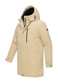 Beige isolerad jacka med huva, dragkedja fram och två sidofickor; har svarta detaljer och en slät textur.