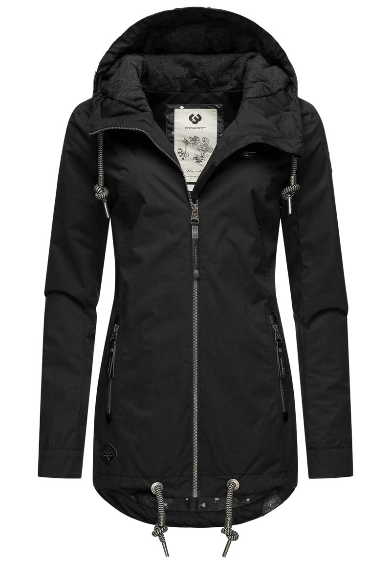 Czarna wodoodporna kurtka z kapturem, zapinana na zamek, z dwiema kieszeniami na zamek oraz sznurkiem w talii. Miękka podszewka i wzorzyste wnętrze.