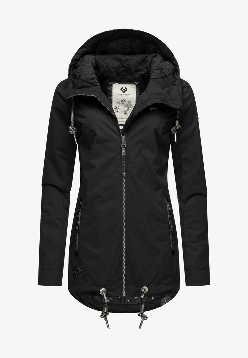 Czarna wodoodporna kurtka z kapturem, zapinana na zamek, z dwiema kieszeniami na zamek oraz sznurkiem w talii. Miękka podszewka i wzorzyste wnętrze.
