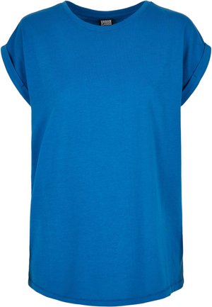 Short-sleeved blue t-shirt made of soft fabric with a relaxed fit, round neckline, and rolled sleeves. Simple, solid color design.