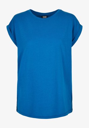 Blaues T-Shirt mit kurzen Ärmeln aus weichem Stoff. Verfügt über einen runden Ausschnitt und umgeschlagene Ärmelbündchen. Gerader Schnitt mit lockerem Sitz.