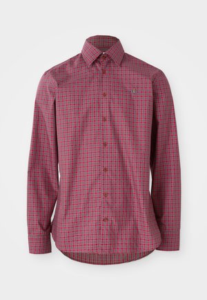 Rote kariert Langarmshirt mit Button-Down-Kragen, braunen Knöpfen und abgerundetem Saum, aus gewebtem Baumwollstoff gefertigt.