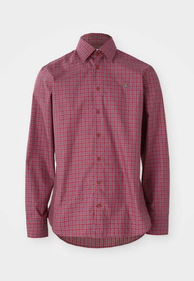 Rød rutete skjorte med lange ermer, som har krage med knapper, brune knapper og en buet nederkant, laget av vevd bomull.