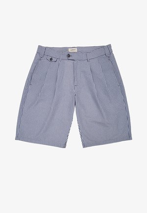 Męskie szorty w marynarskim kolorze w kratkę gingham w biało-niebieskim odcieniu, dopasowany krój, z zakładkami z przodu, dwie przednie kieszenie, zapinane na dwa guziki, wykonane z bawełny.