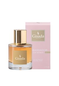 Gisada Ambassador for Women perfume in a clear glass bottle with a gold cap. Box is pale pink with white text, labeled “Eau de Parfum Natural Spray.”