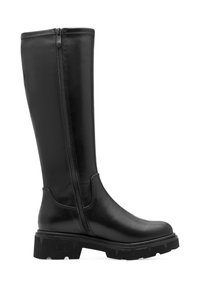 Black knee-high boots made of smooth leather, featuring a side zipper, thick textured sole, and a rounded toe design.