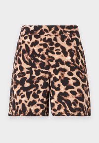 Shorts en imprimé léopard marron et noir avec une texture lisse et une taille élastique. Longueur mi-cuisse, présentant un motif de design continu.
