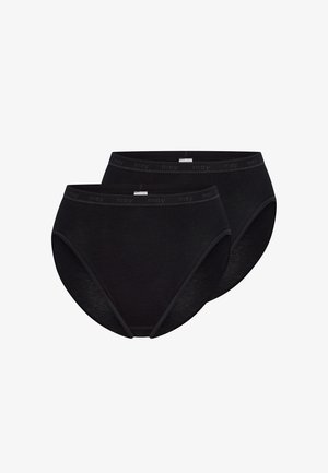 Black cotton high-waisted underwear with a smooth texture and elastic waistband featuring embossed brand logo. Two pieces included.