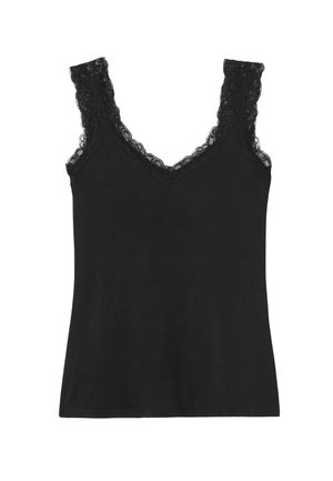 Débardeur noir avec bordure en dentelle le long de l'encolure et des bretelles ; fabriqué en tissu doux et extensible ; coupe ajustée avec un col en V.