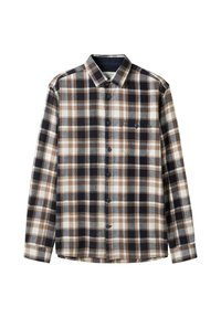 Braun, marineblau und weiße karierte Flanellhemd mit langen Ärmeln, Knopfverschluss und einer einzelnen Brusttasche. Weicher Stoff und klassisches Design.