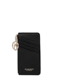 Portafoglio nero con texture, chiusura con zip, dotato di più slot per carte, dettagli in metallo dorato e un anello per chiavi per il fissaggio.