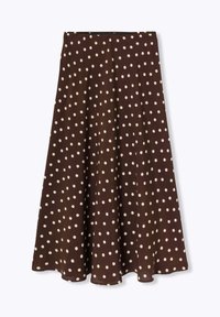 Jupe marron à pois avec un design évasé. Fabriquée en matériau doux, avec des pois blancs harmonieusement espacés et un ourlet lisse.