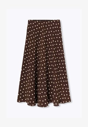 Jupe marron à pois avec un design évasé. Fabriquée en matériau doux, avec des pois blancs harmonieusement espacés et un ourlet lisse.