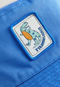 Casquette bleue en tissu texturé avec un patch brodé représentant un dinosaure en vert et orange, étiqueté "TYRANOSAURUS."