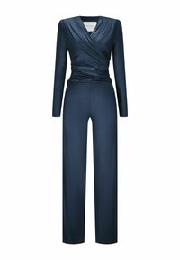 Navy blauwe jumpsuit met lange mouwen, wikkeldesign bij het bovenlijf, geraffineerde taille en brede broekspijpen; glad, glanzend stof.