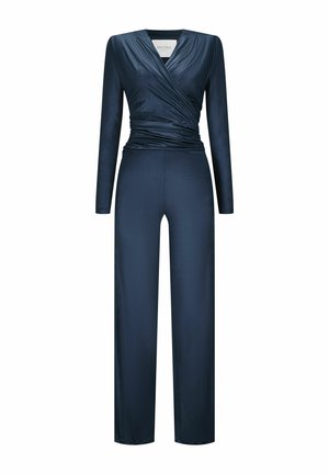 Navy blauwe jumpsuit met lange mouwen, wikkeldesign bij het bovenlijf, geraffineerde taille en brede broekspijpen; glad, glanzend stof.