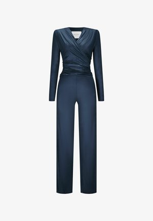 Navy blauwe jumpsuit met lange mouwen, wikkeldesign bij het bovenlijf, geraffineerde taille en brede broekspijpen; glad, glanzend stof.
