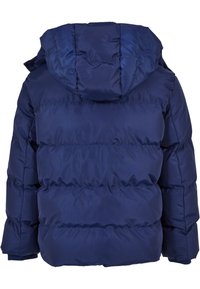 Giacca puffer blu navy con cappuccio, tessuto trapuntato e polsini elasticizzati. La vista posteriore mostra cuciture orizzontali e un design imbottito.