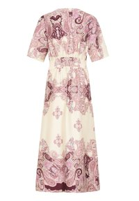 Robe mi-longue crème à manches courtes ornée de motifs paisley et floraux complexes en rose et bordeaux.
