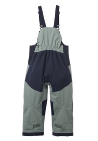 Groene en marineblauwe waterdichte overalls met verstelbare banden, elastische tailleband, versterkte knieën en klittenbandmanchetten voor een veilige pasvorm.
