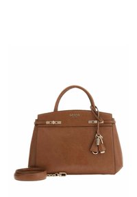 Sac à main texturé marron avec deux poignées, quincaillerie dorée et pompons décoratifs. Comprend une bandoulière amovible pour plus de polyvalence.