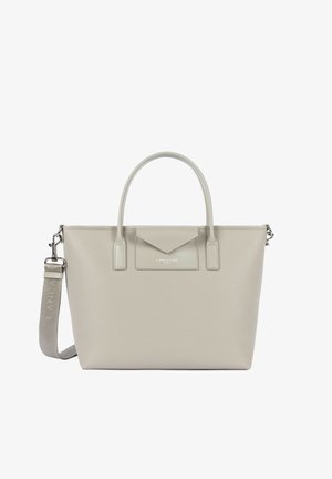 Sac cabas en cuir texturé gris clair avec deux poignées, une bandoulière amovible et un rabat avant avec logo.