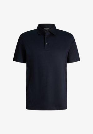 Polo noir à manches courtes avec trois boutons et un col, présenté sur un fond blanc uni.