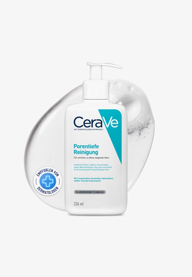 CeraVe pump bottle of deep pore cleanser for acne-prone skin with dermatologist recommended label and foamy cleanser background.