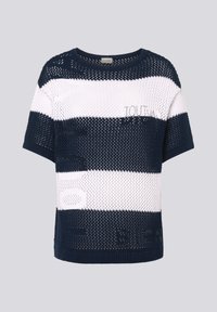 Marineblau-weiß gestreifter kurzärmeliger Strickoberteil mit Rundhalsausschnitt, der ein lockeres Gewebe und gestickte Textakzente aufweist.