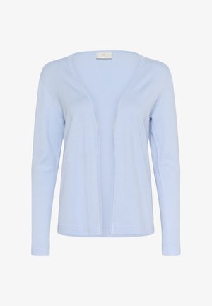 Hellblaue Strickjacke, aus weichem Material, offenes Vorderdesign, lange Ärmel, keine Verschlüsse, gerippte Bündchen und Saum, einfache Textur.