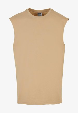 Beige ärmelloses T-Shirt mit Rundhalsausschnitt, aus weichem Baumwollstoff gefertigt, mit glatter Textur und einfachem Design ohne Muster.