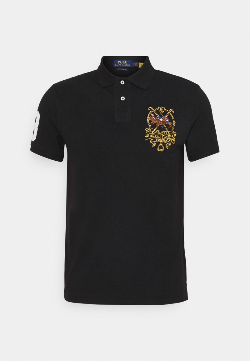 Black polo shirt made of cotton, featuring a yellow embroidered emblem on the chest and a white number "8" on the sleeve. Classic fit.