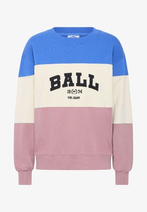 Sudadera con bloques de color que presenta secciones en azul, crema y rosa, confeccionada en un tejido suave. Logo negro "BALL" con detalles de "1974" en el frente.
