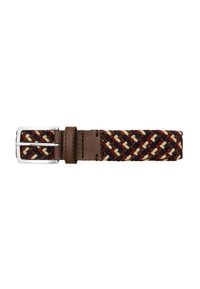 Woven textile belt w ciemnym brązie, czerwieni, kremie i granacie z metalową klamrą w kolorze srebrnym. Posiada pleciony wzór oraz gładkie skórzane akcenty.