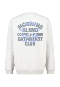 Sweat-shirt gris avec un texte audacieux en différentes polices et couleurs au dos, incluant "MORNING BLEND", avec une coupe décontractée et des poignets côtelés.