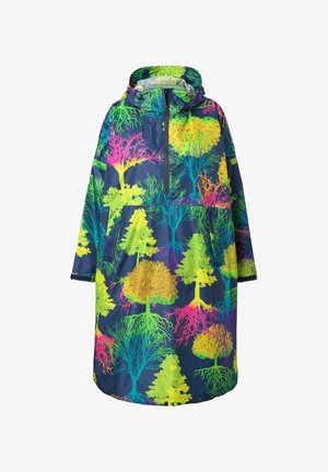 Long manteau de pluie navy avec une capuche, présentant un motif coloré d'arbre et de racines dans des teintes néon vert, jaune, rose, bleu et violet.