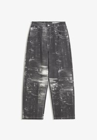 Black denim jeans with a textured abstract pattern in shades of gray, featuring a classic five-pocket design and straight-leg cut.