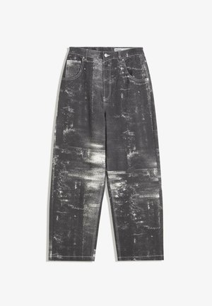Black denim jeans with a textured abstract pattern in shades of gray, featuring a classic five-pocket design and straight-leg cut.