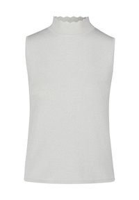 Débardeur sans manches, gris clair, avec un col à volants haut. Fabriqué à partir d'un tissu texturé, offrant un ajustement près du corps et un design minimal.
